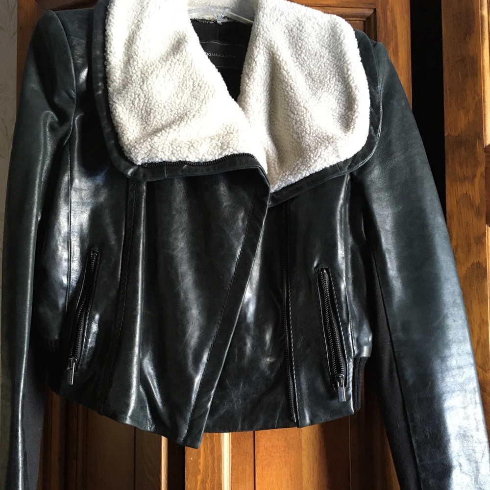 BCBG Black Leather Bomber Jacket with Sherpa Shearling Collar small - Picture 2 of 14